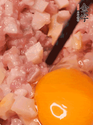 豬肉末、咸肉丁，分次加蔥姜水，一勺糖、一丟白胡椒，春筍丁，打入一個雞蛋